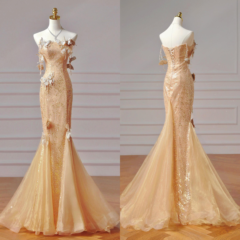 French-Style Fishtail Evening Dress for Women, Gold, High-End, Light Luxury, Niche, Toast Dress, Engagement, Wedding, Birthday, Hostess Long Dress French-Style Fishtail Evening Dress for Women, Gold, High-End, Light Luxury, Niche, Toast Dress, Engagement, Wedding, Birthday, Hostess Long Dress