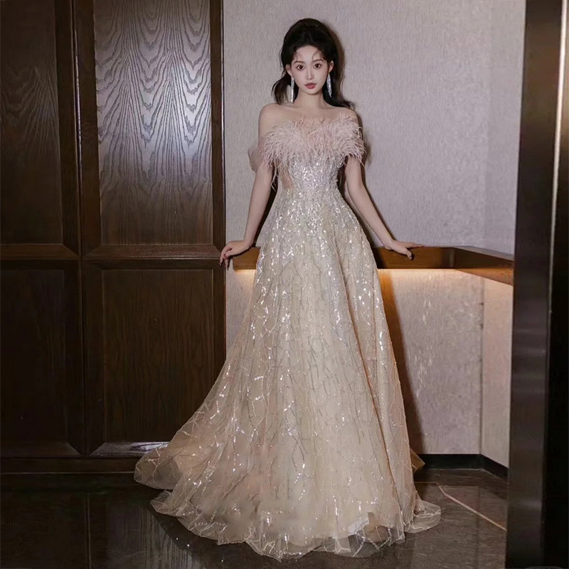 French-Style Evening Dress for Women, High-End Light Luxury, Niche, Coming-Of-Age Ceremony, Birthday Banquet, Feather Engagement Toast Dress, Morning Gown French-Style Evening Dress for Women, High-End Light Luxury, Niche, Coming-Of-Age Ceremony, Birthday Banquet, Feather Engagement Toast Dress, Morning Gown