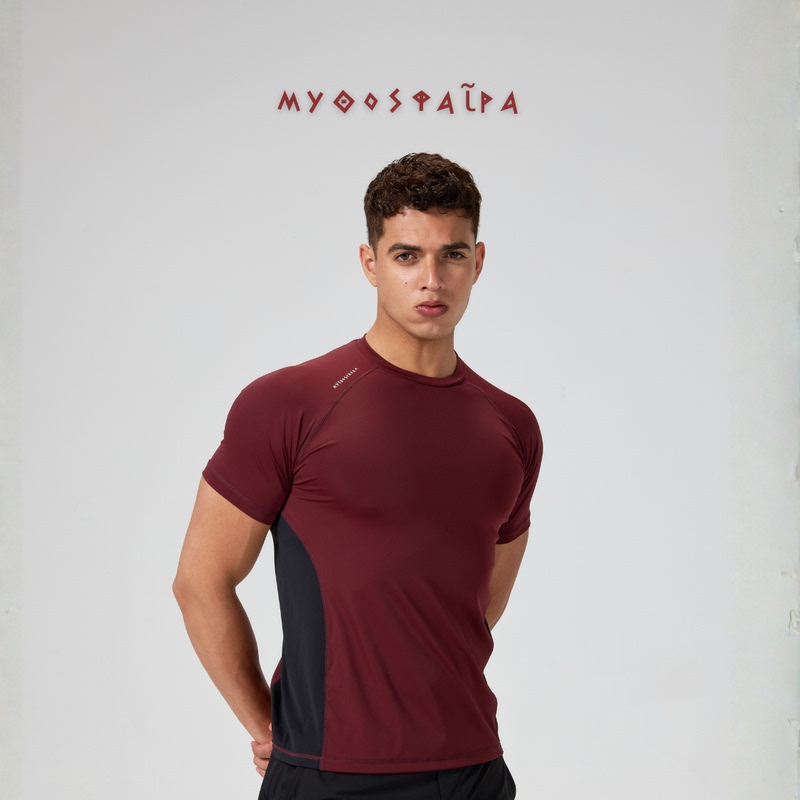Mythosphere Ares01 Burgundy Men's Elastic Quick-Drying Cool Summer Fitness Sports Tight-Fitting Short-Sleeved Shirt