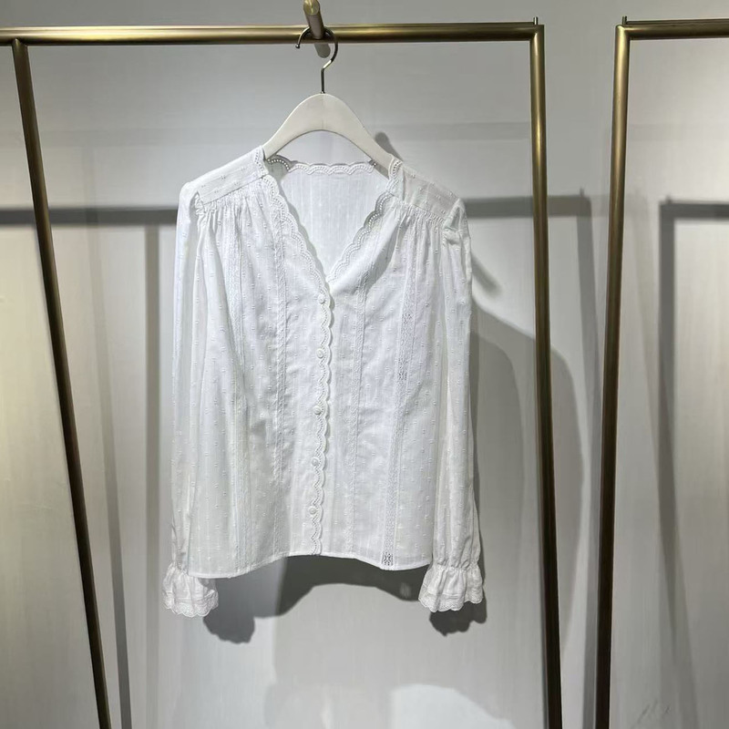 Mm Mall Same Style 2026 Spring New French Lace V-Neck Ruffled White Shirt for Women 120251