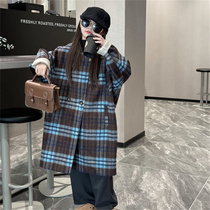 Girls coats 2024 autumn and winter new style little girls Korean style mid-length cashmere coat childrens warm plaid tops