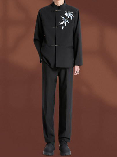 Woodpecker Classical Blue Leaf New Chinese Style Engagement Suit Men's Suit Set Wedding Light Luxury Suit Groom's Dress K