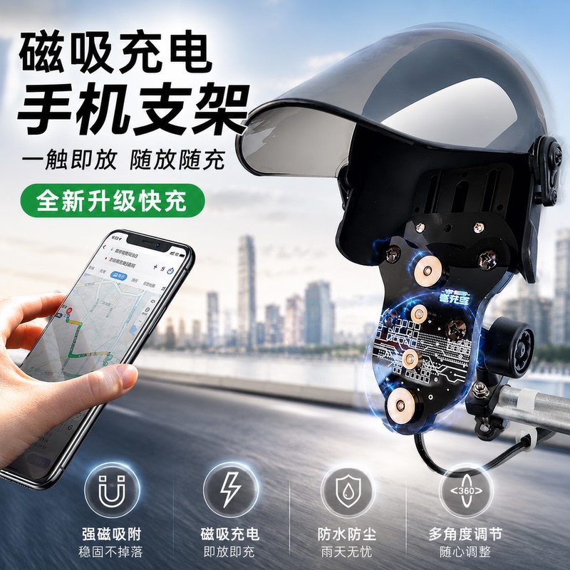 Magnetic Charging Phone Holder for Electric Vehicles and Motorcycles, Magnetic Fast Charging Holder, Wireless Charging Holder, Waterproof and Dustproof Case Magnetic Charging Phone Holder for Electric Vehicles and Motorcycles, Magnetic Fast Charging Holder, Wireless Charging Holder, Waterproof and Dustproof Case