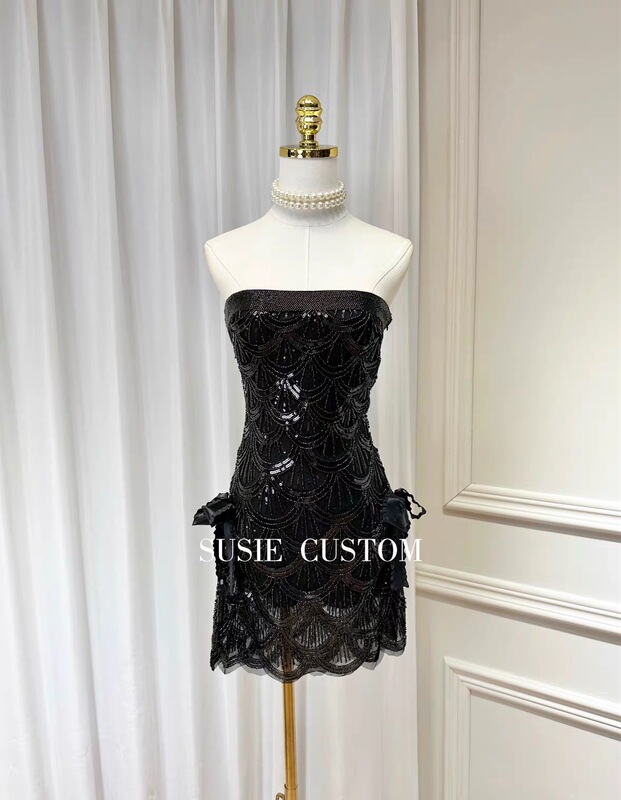 High-End Luxury Heavy-Duty One-Shoulder Strapless Dress with Fish-Scale Sequins, Beaded Bow Tie, and Wavy Edge