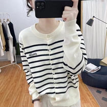 23 spring and autumn Korean style sweater womens cardigan Korean style round neck striped embroidered letter bottoming shirt loose knitted sweater