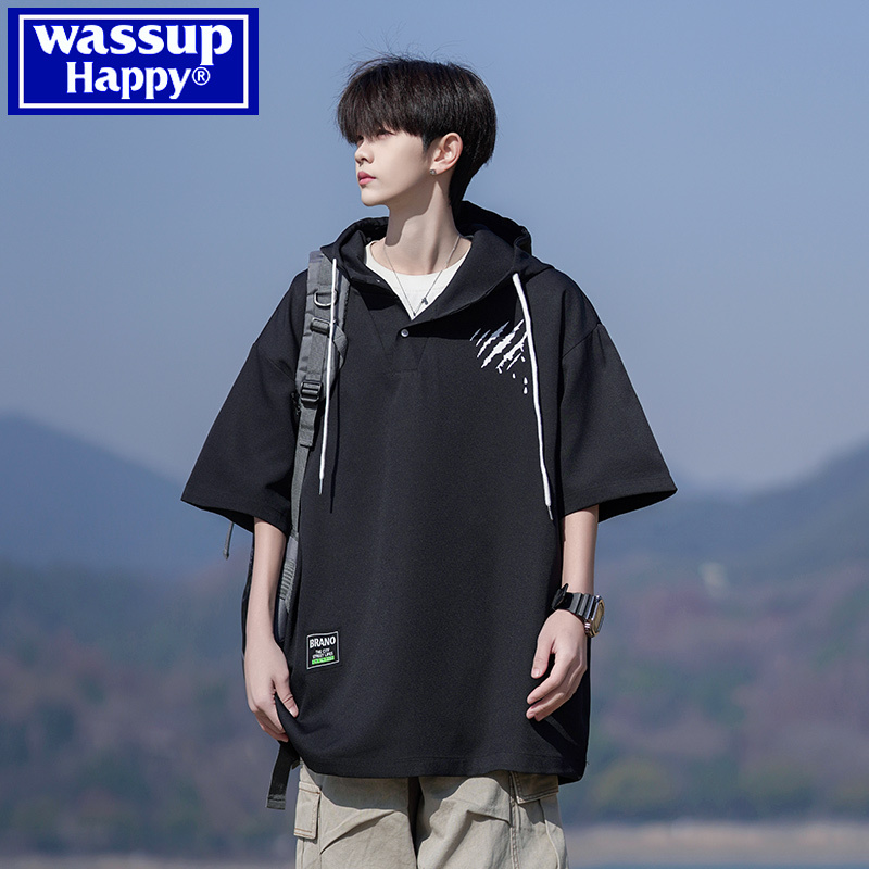 Wassup Happy Short-Sleeve T-Shirt for Men, Summer Hooded Polo Shirt, Trendy Brand, Cool and Loose Pullover Top T-Shirt