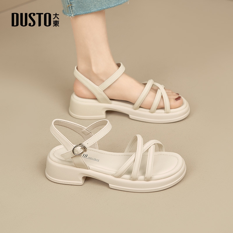 Dadong Thick-Soled Sandals for Women, 2026 New Summer Style, Suitable for Wearing Outside with Dresses, Single Strap, Mid-Heel, High-Heeled Roman Shoes