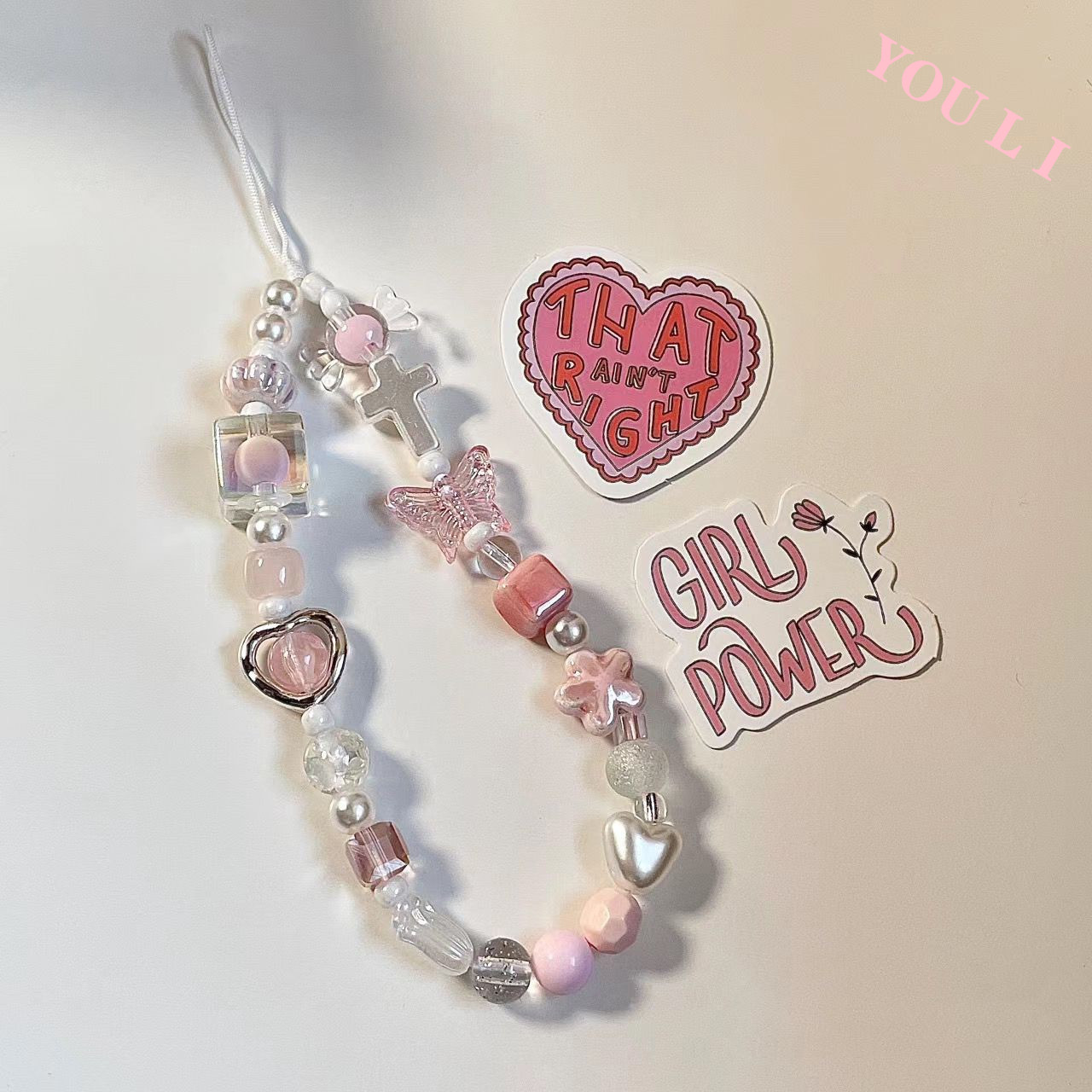 Pink butterfly chain handmade beaded chain wrist strap short CCD camera pendant women's ornament