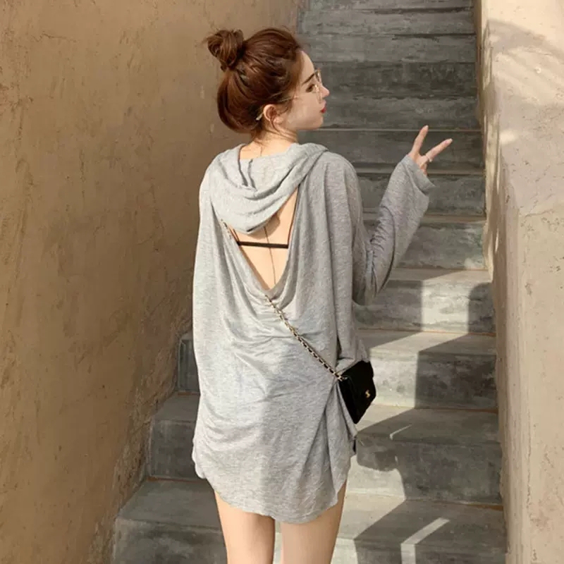 Thin Gray Summer Hooded Sun Protection Shirt with Hooded Design Backless Casual Sexy Loose Lazy Style T-Shirt for Women Thin Gray Summer Hooded Sun Protection Shirt with Hooded Design Backless Casual Sexy Loose Lazy Style T-Shirt for Women