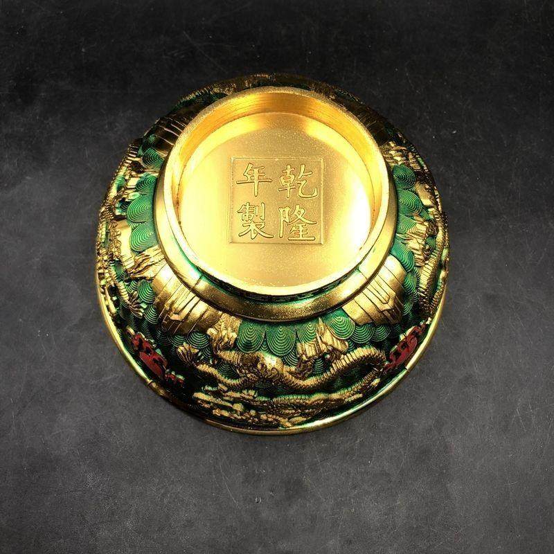 旧家蔵出『清 古銅塗金製造 景泰藍九龍紋嵌宝石盤一対 乾隆年