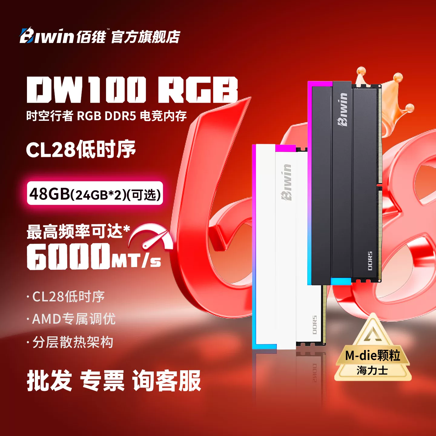 Памятный модуль Baiwei DW100 16ГБ памяти 6000 c28 48ГБ 96ГБ 24gx2 DDR5 для настольного разгона