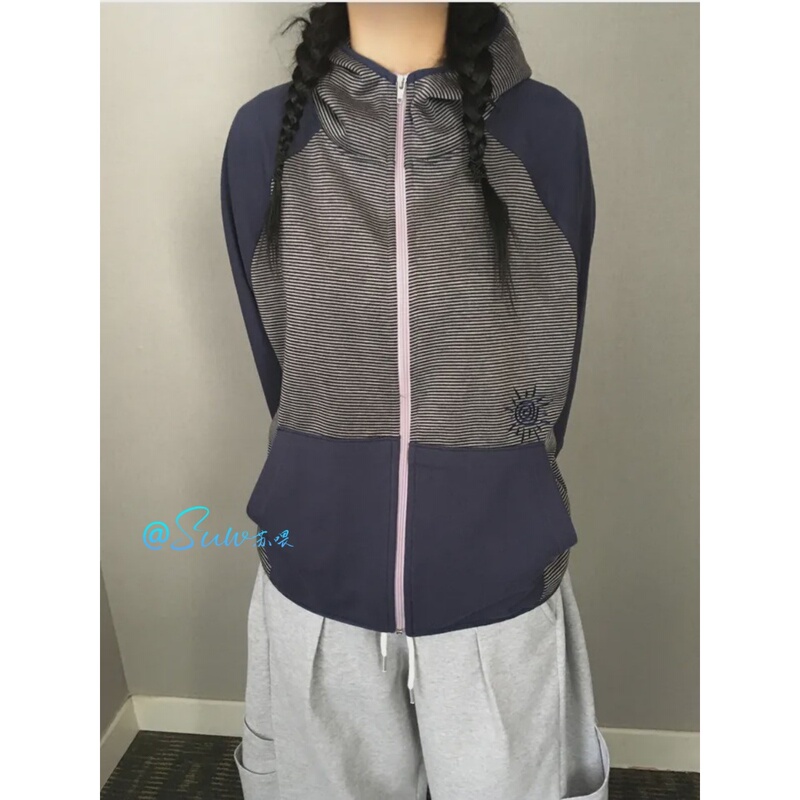 Suw Korean-Style Striped Color-Block Long-Sleeve Zip-Up Printed Pullover Hoodie Sweatshirt Loose Y2K Jacket Trendy Outfit