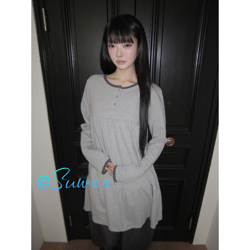 Suw Korean Style Girly Round Neck Long-Sleeved Dress for Women, Autumn Korean Style Relaxed Gray Waist-Cinching Tiered Dress Suw Korean Style Girly Round Neck Long-Sleeved Dress for Women, Autumn Korean Style Relaxed Gray Waist-Cinching Tiered Dress
