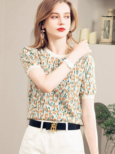French-Style Unique and Chic Design Floral Short-Sleeved T-Shirt Summer Wear Loose, Comfortable and Breathable Round Neck Pullover Top for Women