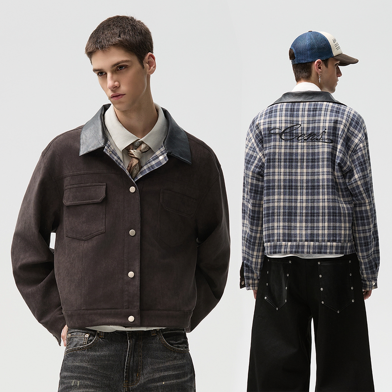 Censmade Logo Embroidered Versatile Commuter-Style Textured Suede Plaid Reversible Jacket, Boxy Short Wide Fit Censmade Logo Embroidered Versatile Commuter-Style Textured Suede Plaid Reversible Jacket, Boxy Short Wide Fit