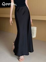 Qooth женская элегантная атласная черная юбка-труба с высокой талией Sli