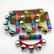New wooden semicircle hand-held rattle with rainbow colorful handle shaker bell colorful leather five-bell early education musical instrument