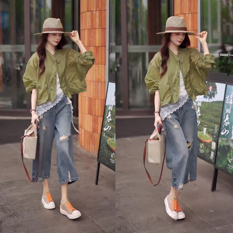 2026 Super Trendy Outfit: a Stylish and Youthful-Looking Thin Sun-Protective Short Jacket and Cropped Ripped Jeans Two-Piece Set