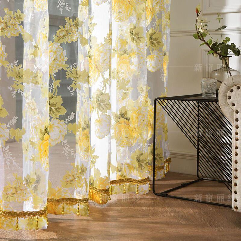 2026 New Versatile Pastoral Style Peony Flower Window Sheer Curtain, Light-Transmitting Yellow, Suitable for Balcony, Living Room, Study Room Partition