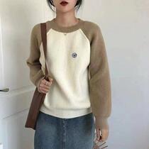 New high-end goods 2024 autumn new color-blocked round neck raglan sleeve sweater Korean style loose and slim outer wear long-sleeved needle