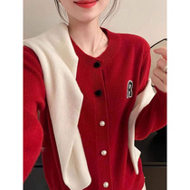 High-end Korean heavy-duty beaded letter design knitted cardigan for outer wear fashionable and versatile cashmere sweater New Year red