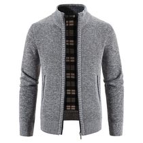 Mens Cardigan Solid Color Fleece Cardigan Zipper Knitted Ja
