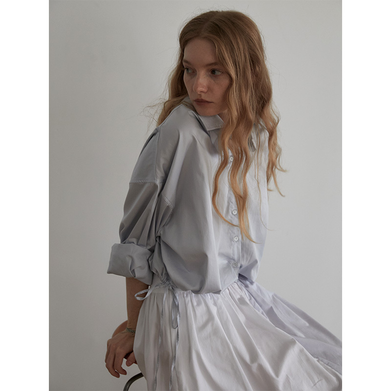 Three Hundred Tears Gray-Blue Drawstring Long-Sleeved Shirt [Slightly Defective, Special Price, Free Shipping]
