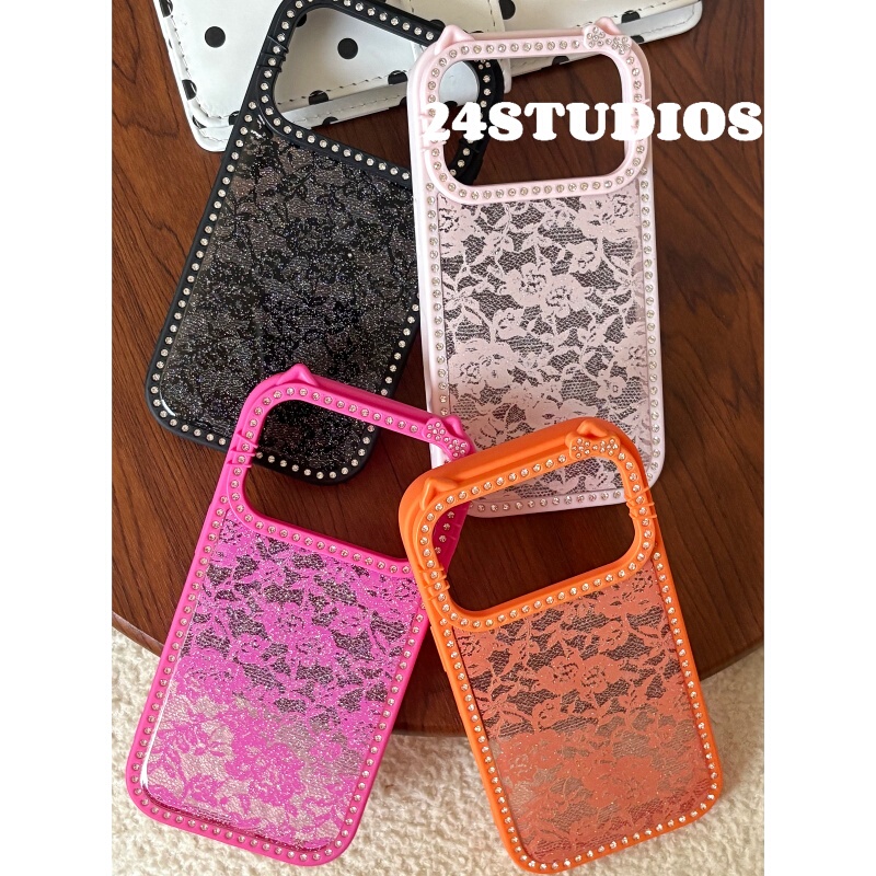 24Studios Fresh and Simple 3D Ear Design with Rhinestone Border and Glitter Black Lace Case for Apple 17 Pro Max, iPhone 16 New Model, 15 High-Value, 14 Shockproof Protective Cover