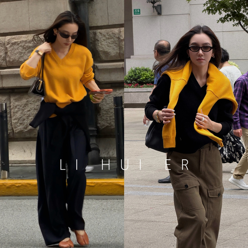 Lihuier Li Hui'Er Autumn Style Elegant Sheep Wool Blend Relaxed Long Sleeve V-Neck Knit Sweater