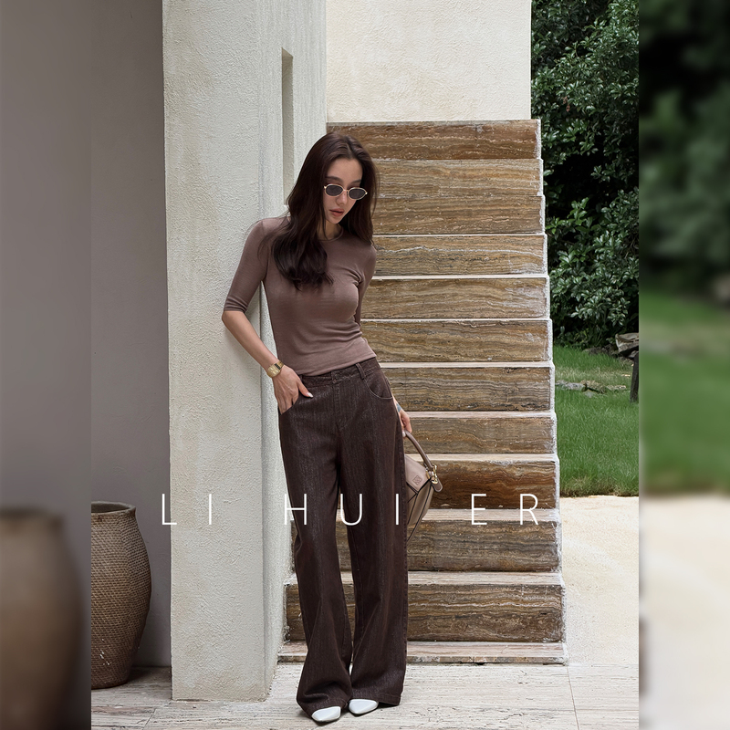 Lihuier Fuji Mountain Summer Minimalist Loose Dark Brown Casual Pants Vintage Money Knife Pants Lihuier Fuji Mountain Summer Minimalist Loose Dark Brown Casual Pants Vintage Money Knife Pants