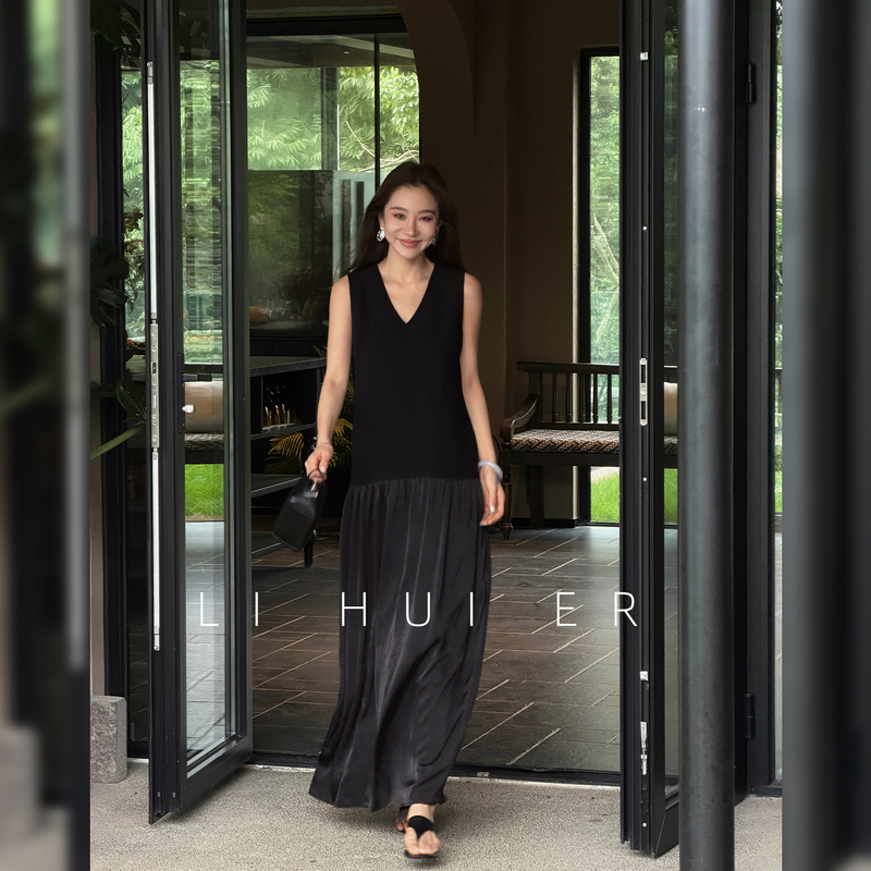 Lihuier Li Hui'Er Dark Night Lily Summer Acetate Low-Waist Patchwork Black Loose V-Neck Sleeveless Dress