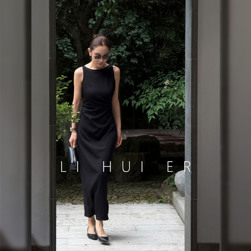 Lihuier [Manhattan Night Banquet] Summer Black Round Neck Sleeveless High Waist H-Line Tank Dress for Women