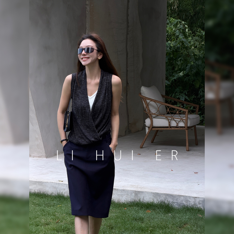 Lihuier [Reef and Sea] Summer New Deep Gray Minimalist Knitted Sleeveless Top