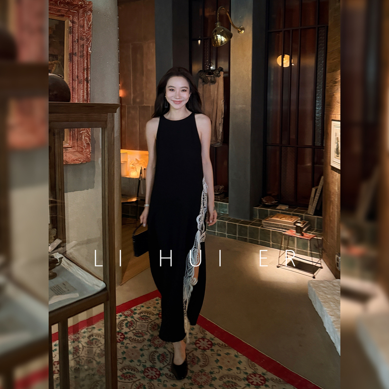 Lihuier [Vic Church] Summer Dark Night Black Acetate Fiber Round Neck Sleeveless Tank Dress for Women