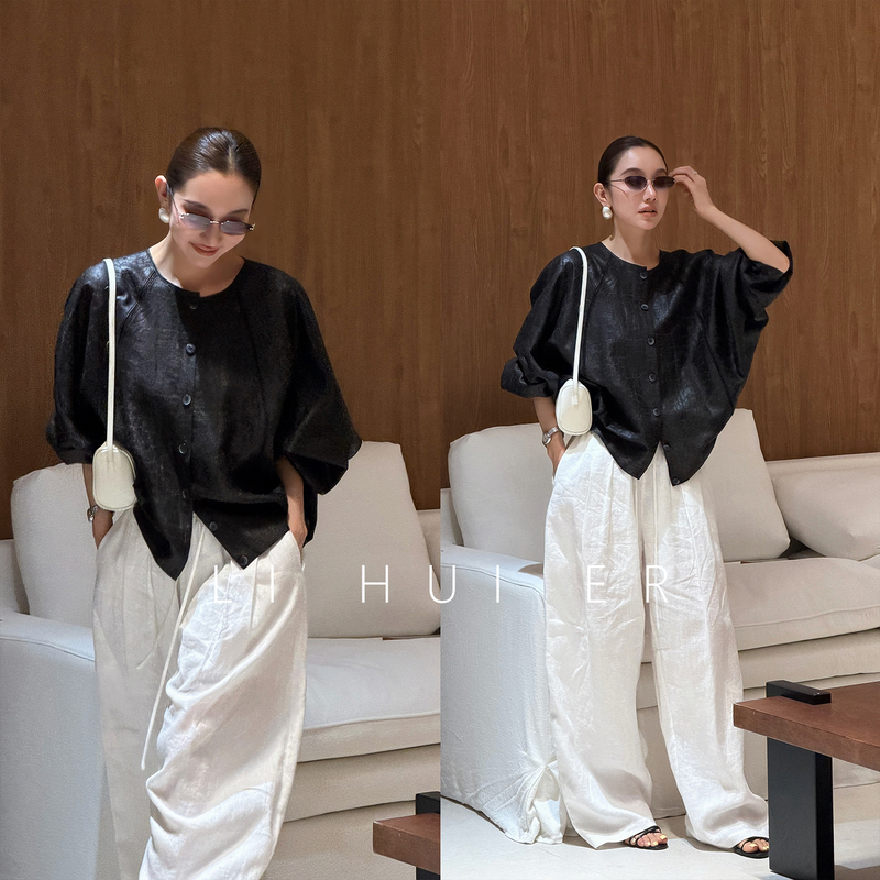 Lihuier Li Hui'Er Jade Blade Summer Style Loose Mulberry Silk Fragrant Cloud Yarn Relaxed Black Jacket for Women