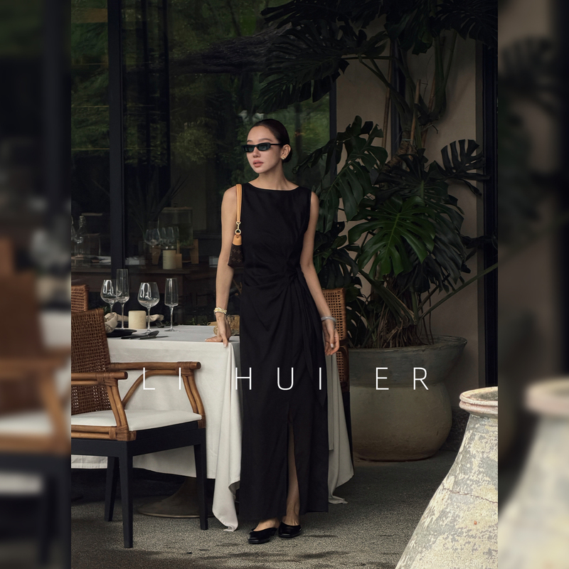 Lihuier Li Hui'Er Ink-Colored Rainforest Summer Silk Linen Lace-Up Waist-Slimming Slit Sleeveless Tank Dress