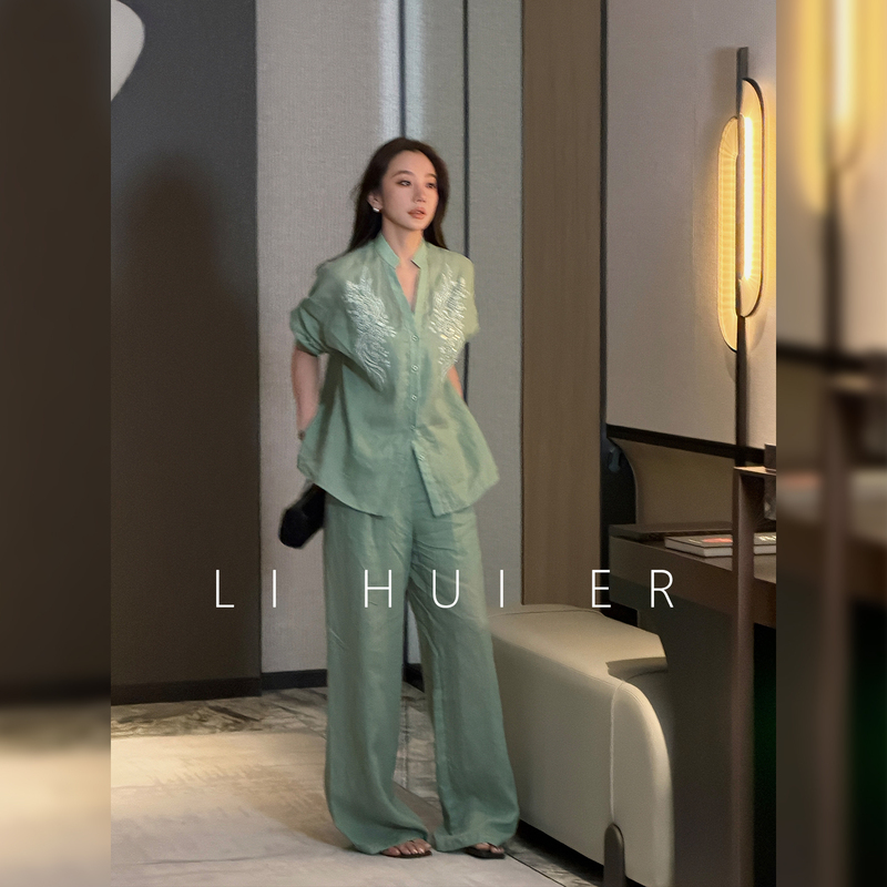 Lihuier July Floating Summer New Collection 100% Ramie High-End Green Shirt and Casual Pants Set