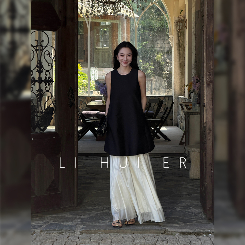 Lihuier [Utopia] Black Round Neck Sleeveless Dress Women's Lazy Style A-Line Tank Dress