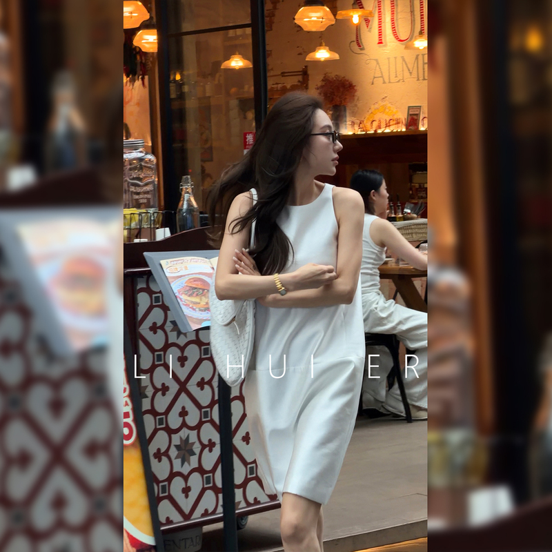 Lihuier Sicilian Breeze Summer Sleeveless High-End Moonlight White Satin Dress Tank Dress