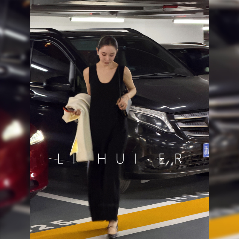 Lihuier Li Hui'Er Wuding Evening Minimalist Dark Black Wool Long Dress Sleeveless Tank Dress Women's Dress