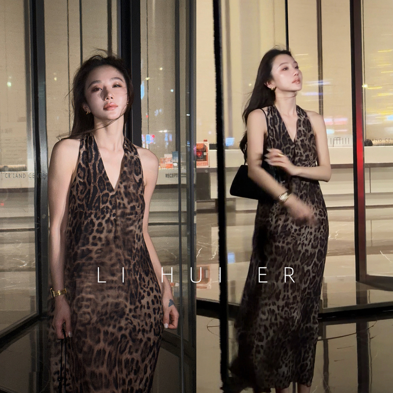 Lihuier Li Hui'Er Hera Man Yu 100% Mulberry Silk Leopard Print Halter Neck Tank Dress Sleeveless Dress Summer