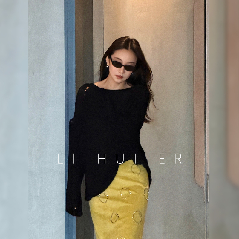 Lihuier Li Hui'Er Gobi Stone Black Minimalist Spring/Summer Knit Sweater Women's Cover-Up Slimming Mulberry Silk Top