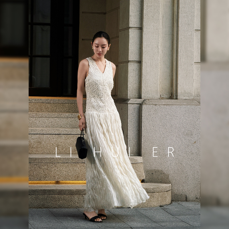 Lihuier Li Hui'Er Athens Luoyu French-Style Sleeveless V-Neck Dress Summer Slimming Pleated Tank Dress