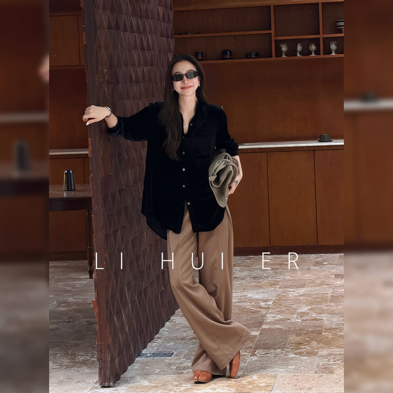 Li Hui Er [Evening Hour] 100% Mulberry Silk Black Commuting Silk Velvet Shirt Top Autumn
