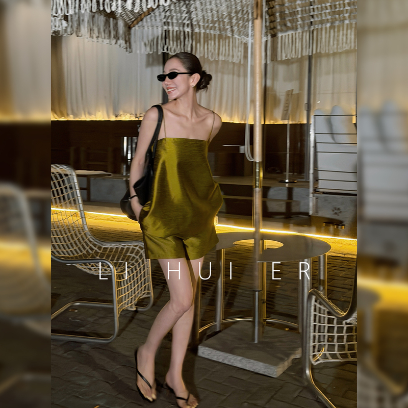 Lihuier [July Forest Mist] Summer Yellow-Green Camisole Loose Vacation Sexy Top