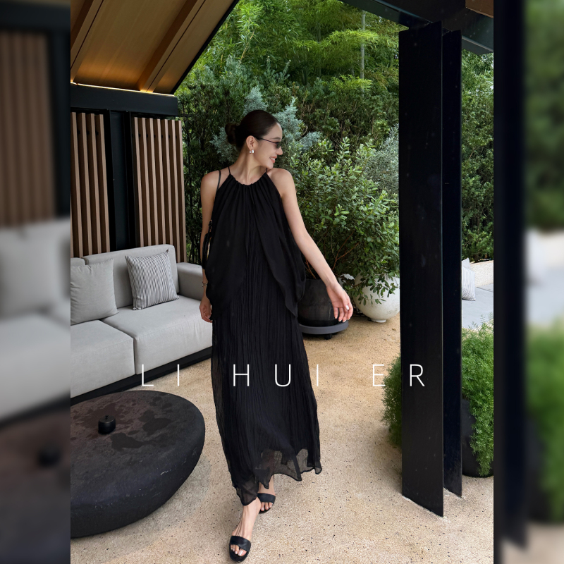 Lihuier Blackcurrant Evening Party Summer Style Elegant Chiffon Patchwork Wrinkled Black Strap Dress