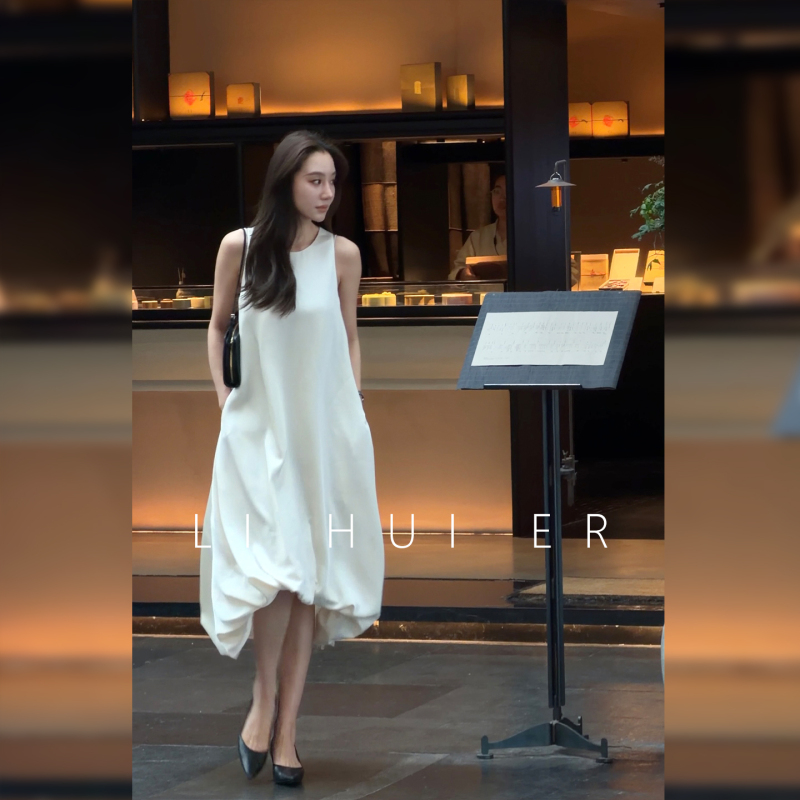 Lihuier Li Hui'Er Qingyun Summer Style Round Neck Design White Floral Sleeveless Tank Dress for Women Lihuier Li Hui'Er Qingyun Summer Style Round Neck Design White Floral Sleeveless Tank Dress for Women