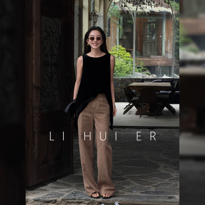 Lihuier [Greenland Card] Denim Zipper High-Waisted Straight Brown Pants for Women, Slimming Effect