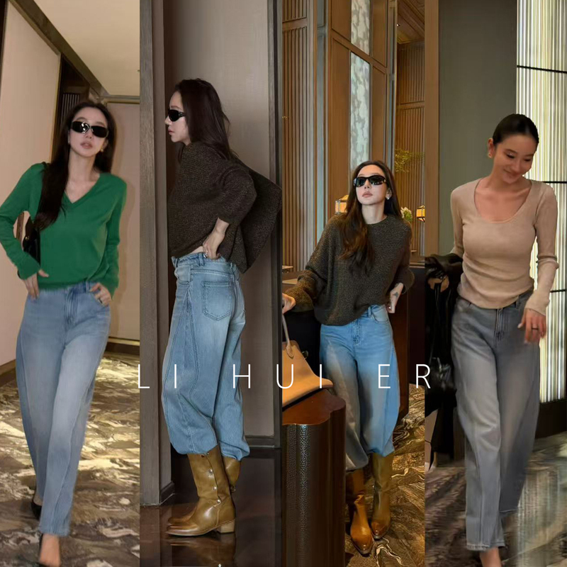Lihuier [Crete Sea] Deconstructed Straight-Leg Pants, Autumn American Casual Scythe Jeans