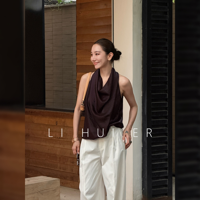 Lihuier [Lorega] Summer Purple Commuting Style Ruched Neck Halter Sleeveless Top for Women